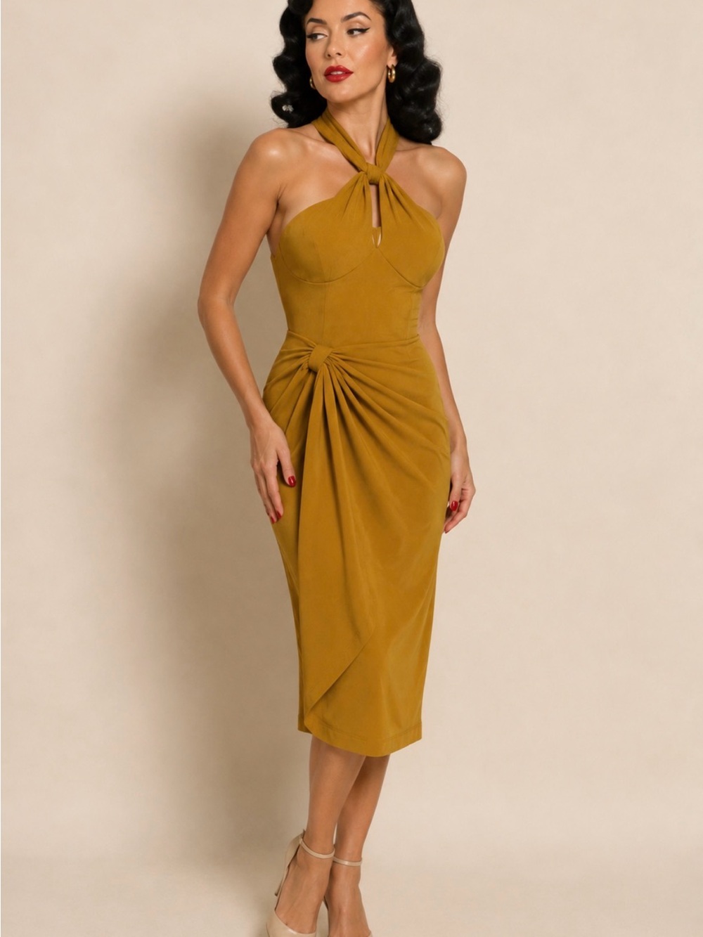 Vixen by Micheline Pitt Mustard Golden Era Halter Dress Rare Retro Pinup XL